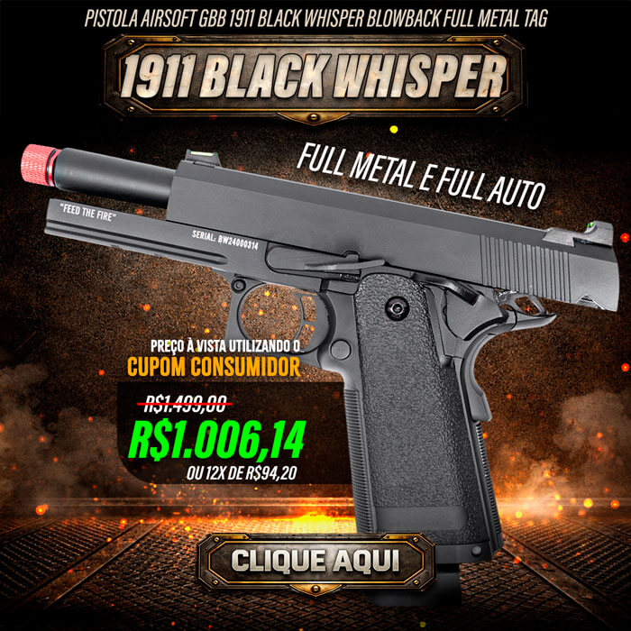 Pistola Airsoft GBB 1911 Black Whisper Blowback Full Metal TAG